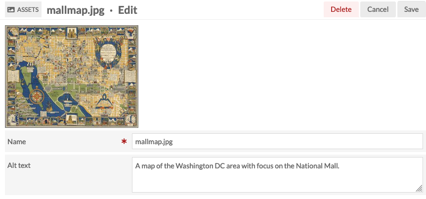 Edit screen for a selected asset, with an image of a map of the National Mall in Washington DC, and text filled in for file name and for the alternative text: A map of the Washington DC area with focus on the National Mall.