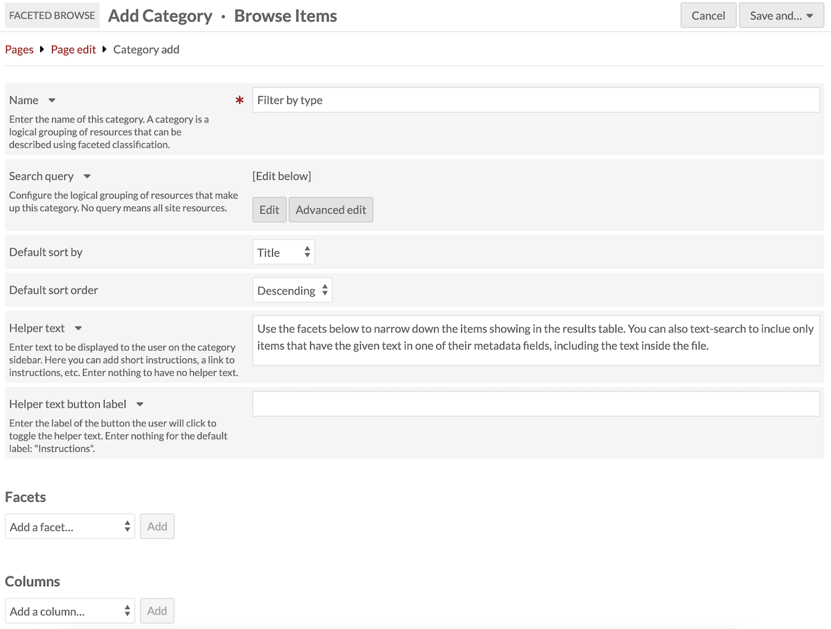 Add category form showing Name, query, Default sort, Facets, and Columns options