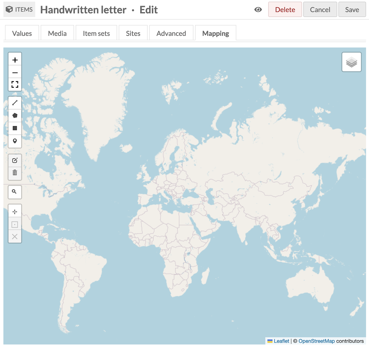 Screenshot of the Add/Edit Item Page with Mapping tab selected. Large World Map with white buttons described below