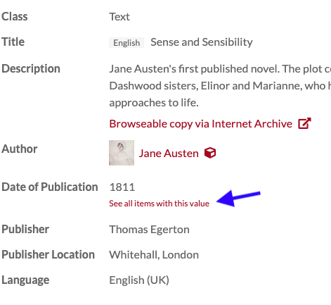 The item "Sense and Sensibility". The date property has text as described, and is indicated with a blue arrow.