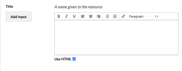 Title element field with the "Use HTML" box checked. Above the input field are icons representing options to format the text.