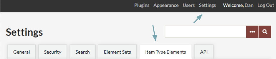Admin dashboard top navigation, with arrows pointing to Settings and Item Type Elements.