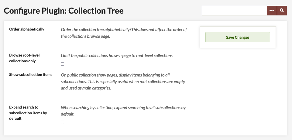Configuration page for the Collection Tree plugin with none of the options selected