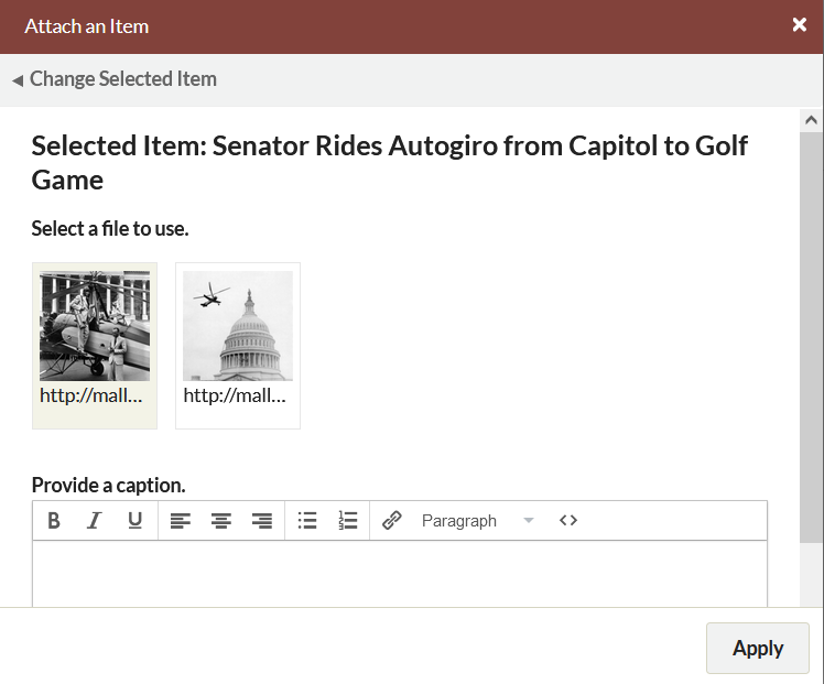 Attach an item, with three file options and a caption field.