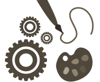 Gears, paintbrush, and palette representing Omeka Classic add-ons
