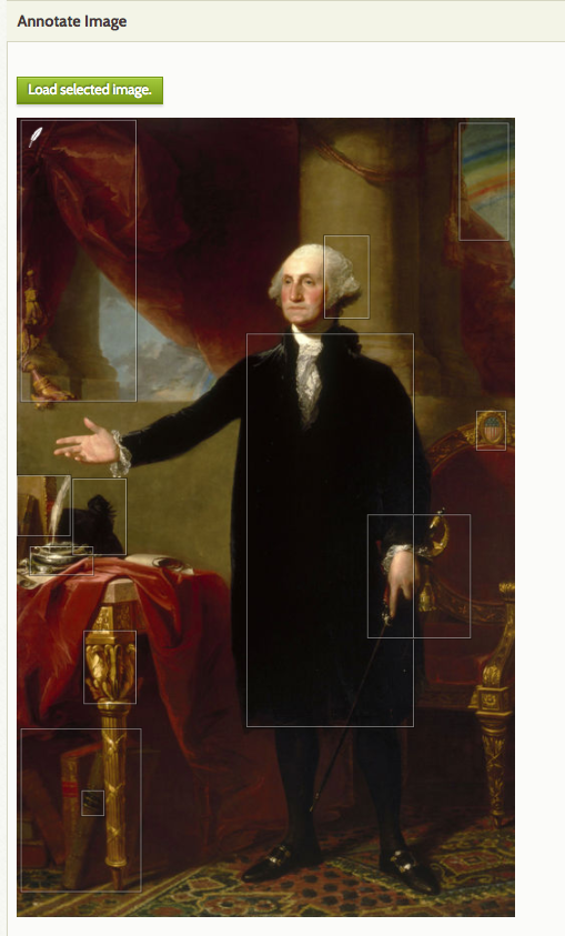 Admin side of an Omeka exhibit, focus on an Exhibit Image Annotation block with a portrait of George Washington loaded. There are multiple thin grey rectangles highlight portions of the portrait, including his hands, torso, and head; the leg of the table to his right, and the objects on the table.