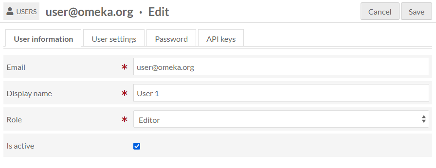 User information tab for the Omeka Devs user with completed fields for email, display name, role, and an active checkbox for Is Active