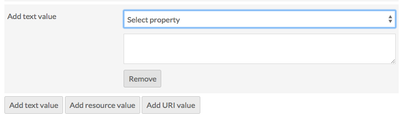 Image depicts only the Add text value block of the batch edit form, with a dropdown labeled "select property" above an empty text field