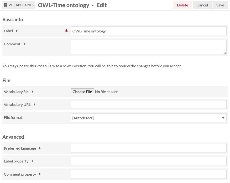 Edit vocabulary page for OWL-Time Ontology.