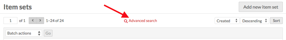 Advanced search button indicated with a red arrow.