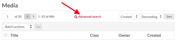 Advanced search button indicated with a red arrow.