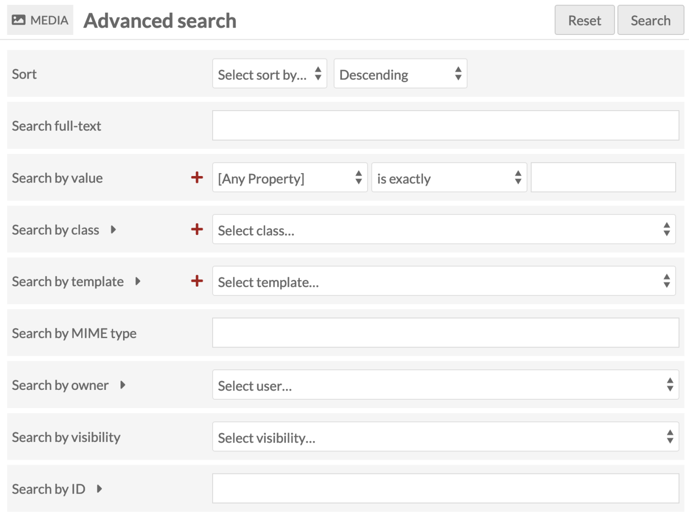Advanced media search options form, with fields as described above.