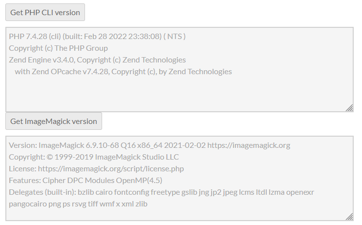 Example results from the PHP CLI version button and the ImageMagick version button