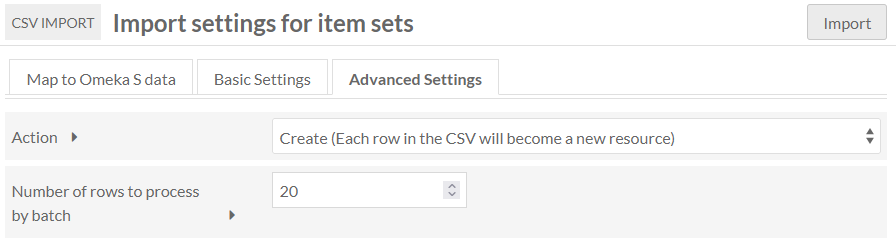 Advanced settings page showing only the Action dropdown and the field for number of rows to process. 