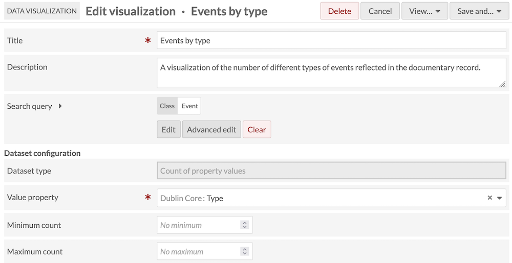 Add Data Visualization form including Title, Description, Search Query and Data configuration options for a Count of Items with Property Values visualization