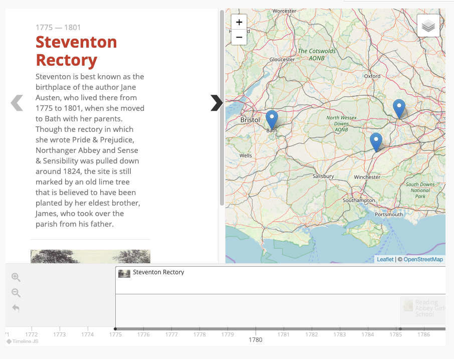 Timeline start page slide, with the timeline displaying full width below the map and story slider