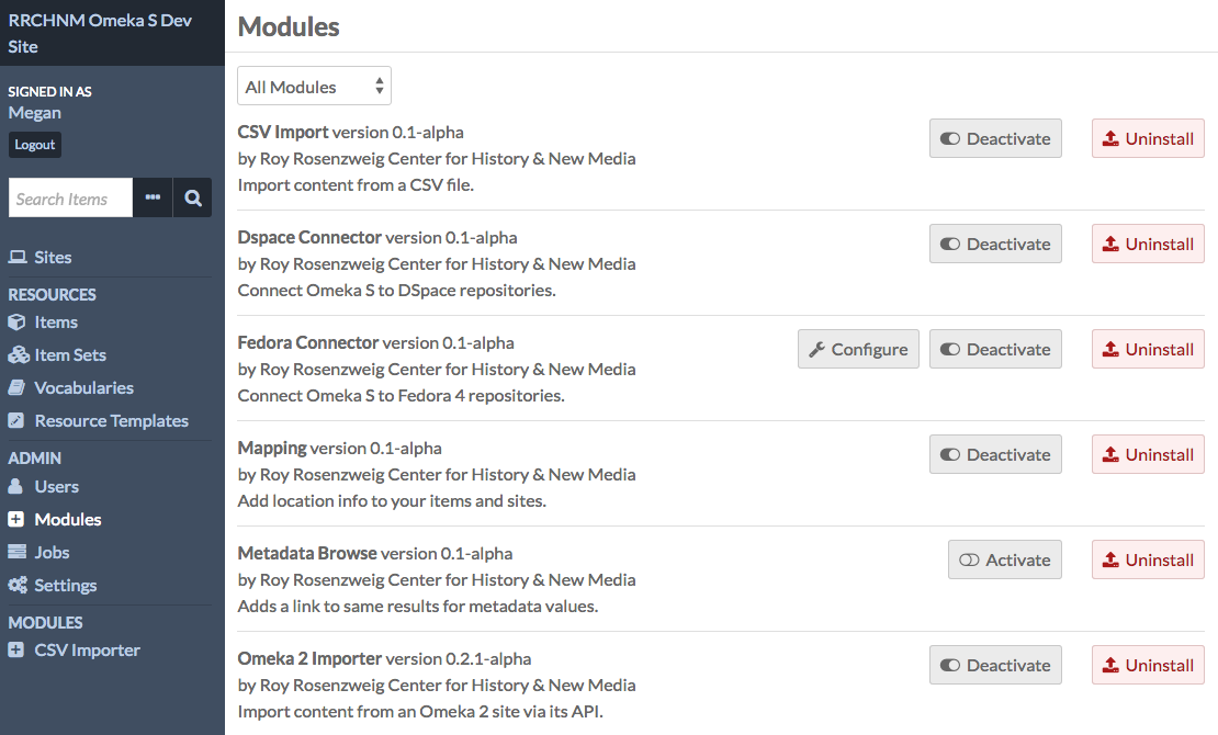 Screen capture of admin dashboard showing Modules tab active.