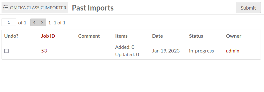 Table of past imports showing header row and one row of a past import.