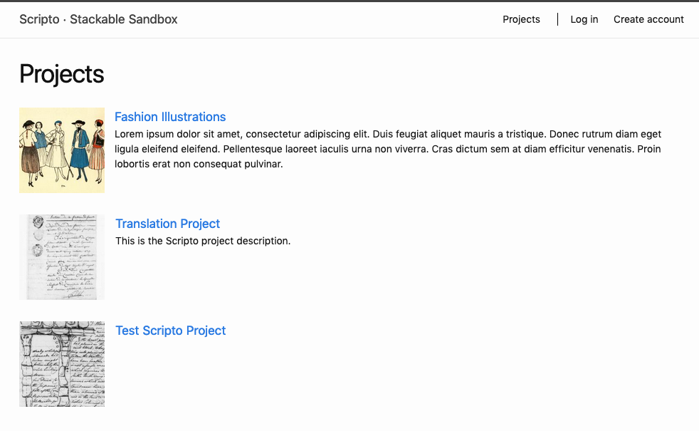 Project browse showing three projects, only two of which have a description.