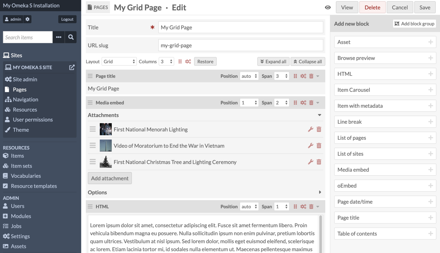 A page in edit view, with a page title, a media block, and an HTML block.