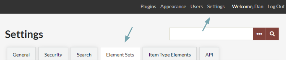 Admin top nav with an arrow pointing to Settings and then to Element Sets