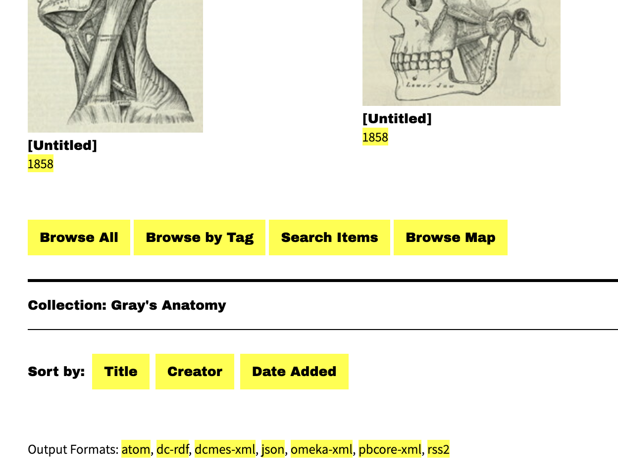 Output formats listed at the end of a collection browse page.