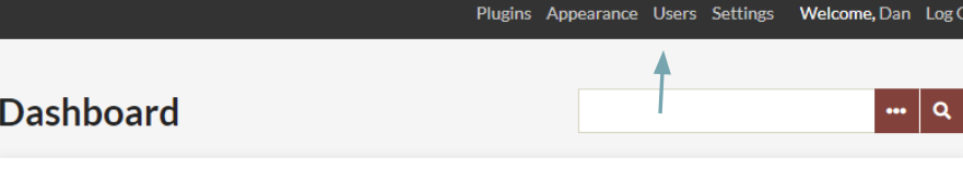 A teal arrow points to the "Users" section link at the top of the admin page
