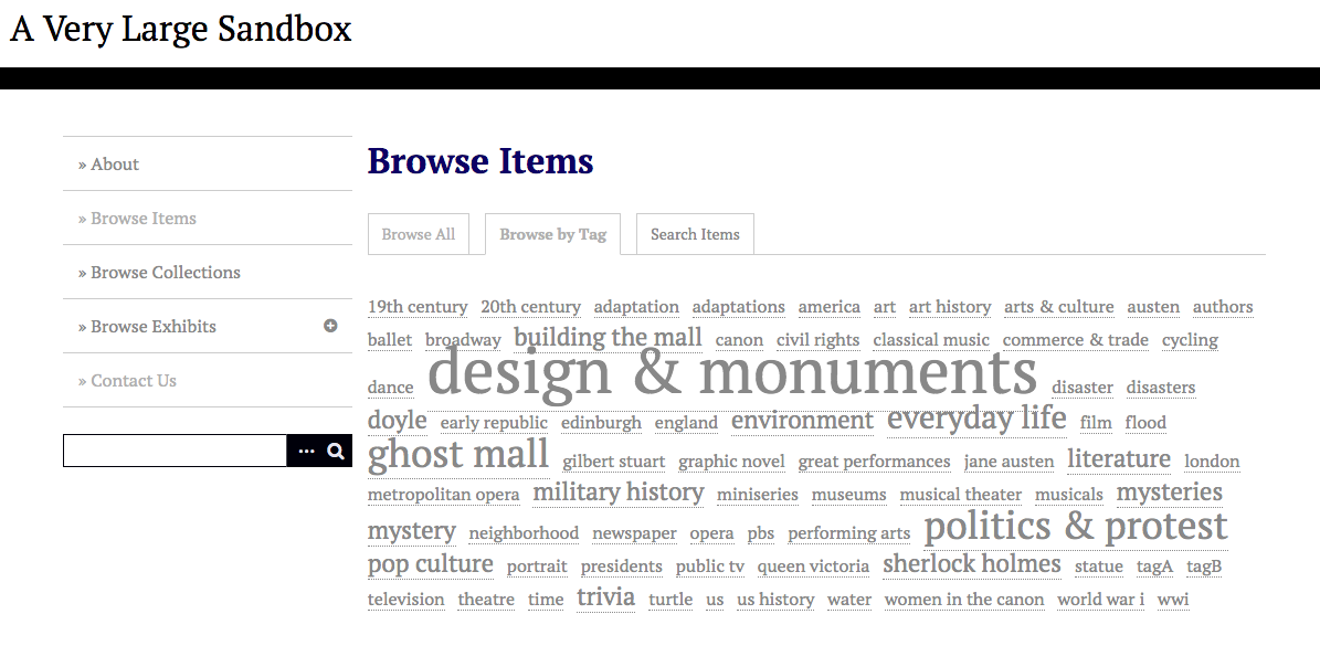 Browse by tag with a cloud of tags displayed in various font sizes. Some of the words overlap.