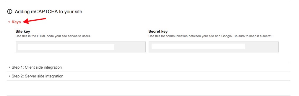  A red arrow points to the word "keys" in an accordion menu, open to reveal fields for site and secret keys. The keys have been obscured.