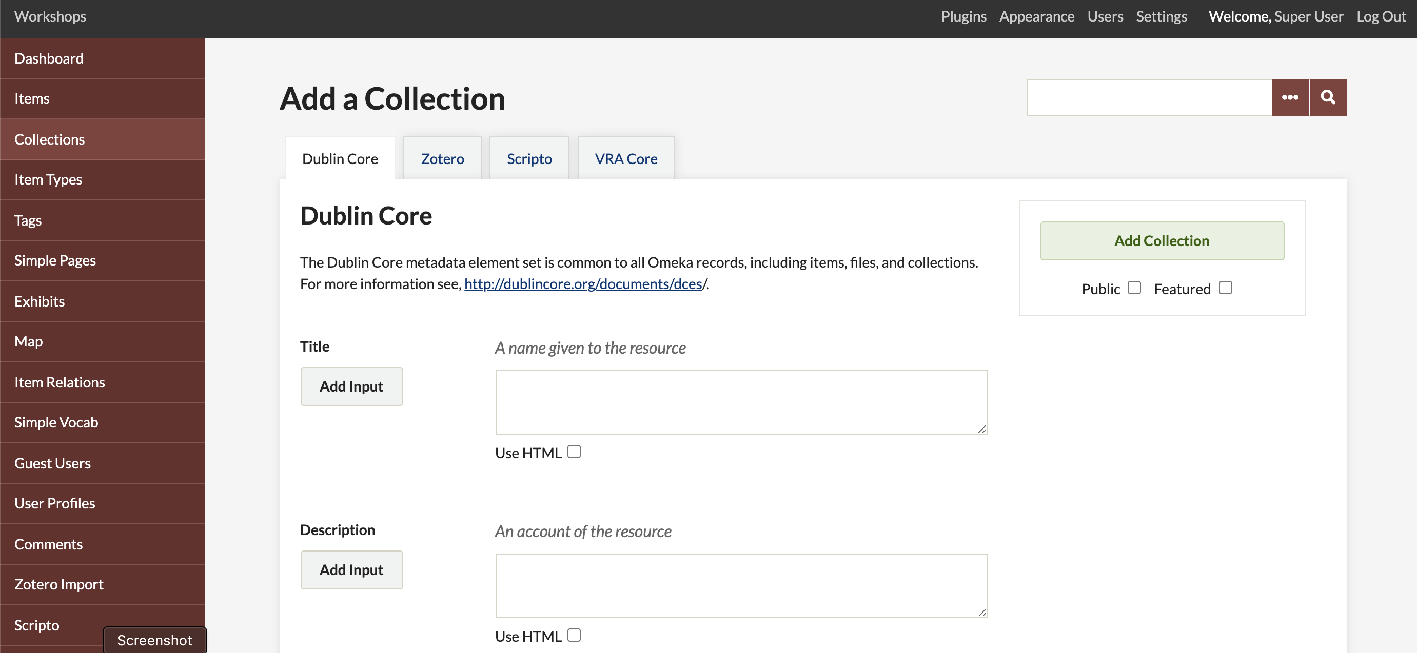 A screenshot of the Add a Collection page, with no metadata entered