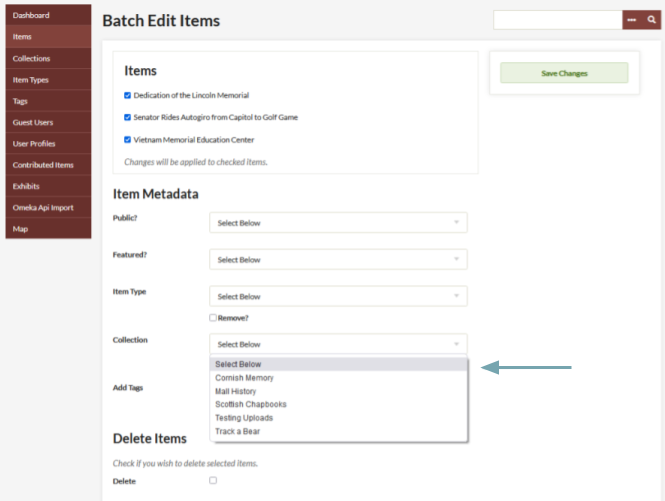 Dropdown menu in the batch item edit page is emphasized with a teal arrow