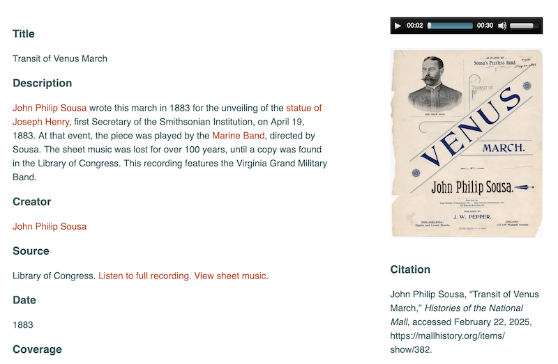 An item on the National Mall History website with an mp3 player appearing above a thumbnail image.