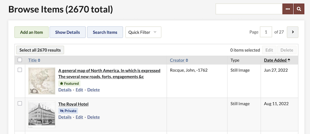 The Browse Items page, showing an item that is private and an item that is featured.