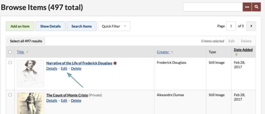 A teal arrow points to the Edit link for an item