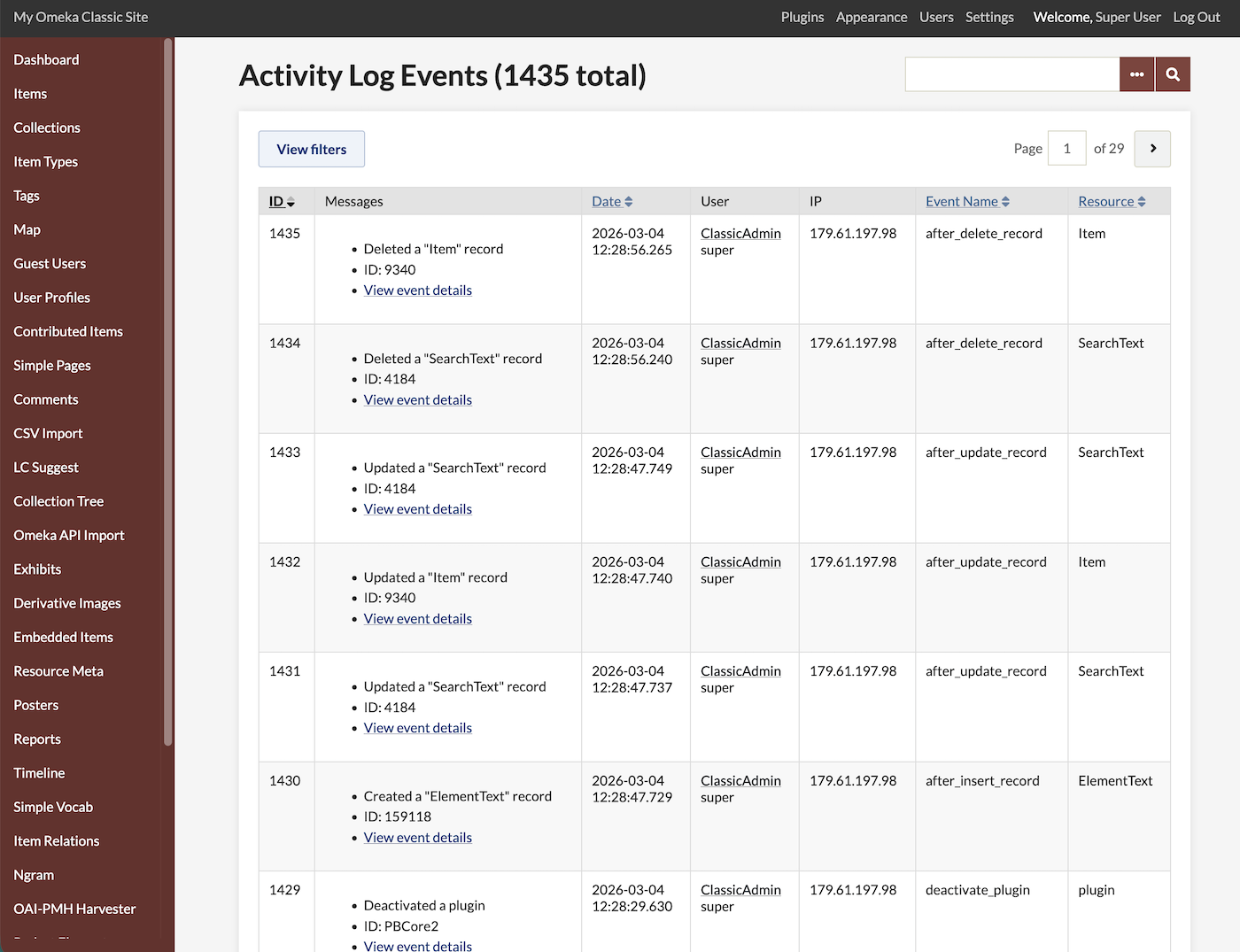 The table of events in the Activity Log plugin.