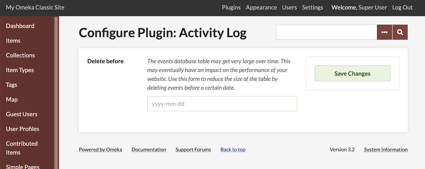 The configuration screen for Activity Log has a field to enter a date in the format YYYY-MM-DD.