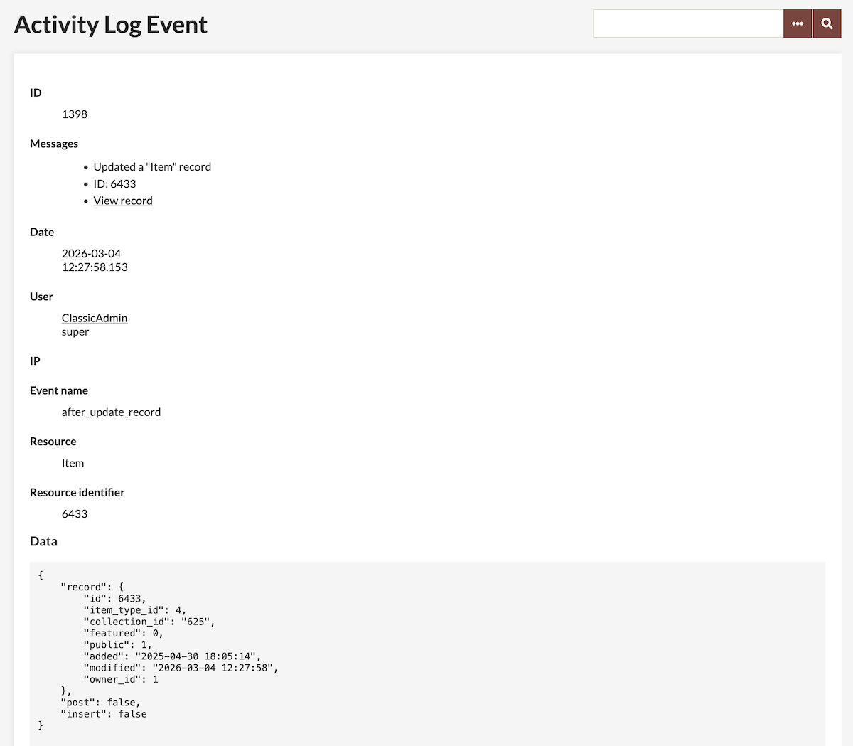 An Activity Log Event display.