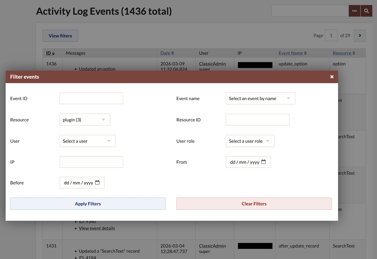 The table of events in Activity Log, showing the "View Filter" button just under the title, with the Filter window open and superimposed over the table.