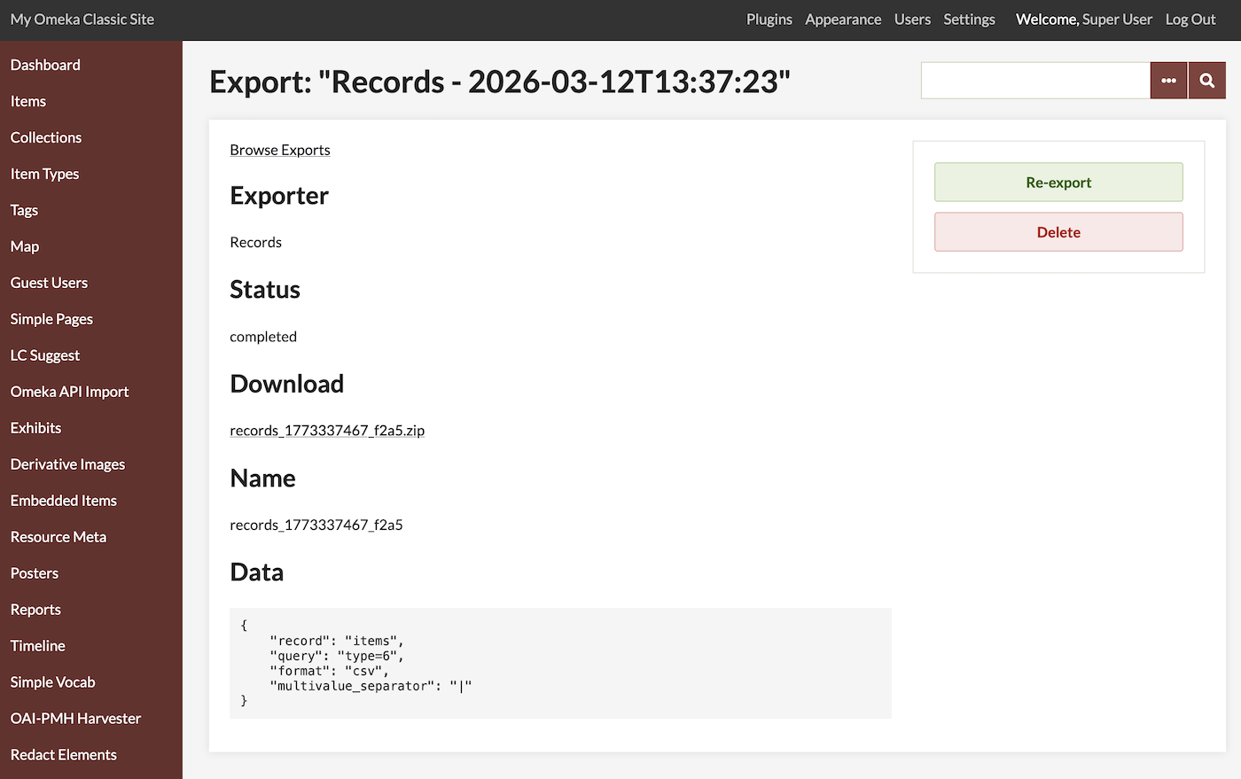 The Export exmaple from above, in more detail, now showing Status of "complete" and with a "Download" section including a link to a ZIP file. There is now a red "Delete" button to the right, under the "Re-export" button.