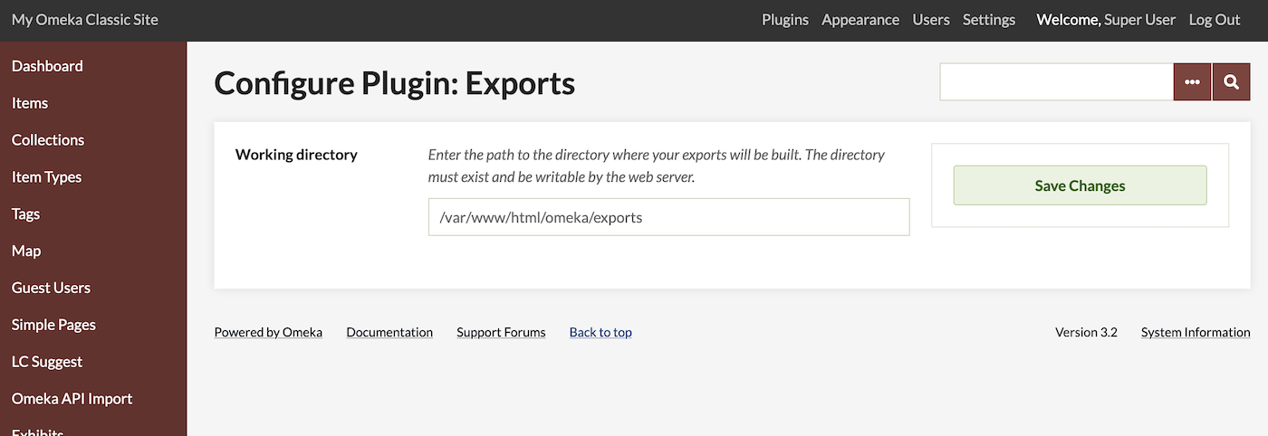 The "Configure Plugin: Exports" page showing one text field labeled "Working directory".