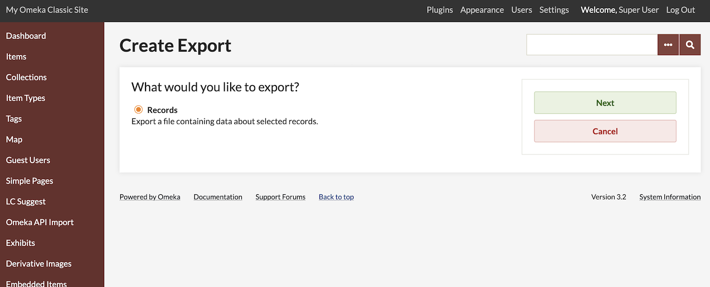 The "Create Export" screen showing "What would you like to export?" and one radial button option, with "Records" as the only option. Buttons to the right are "Next" and "Cancel".