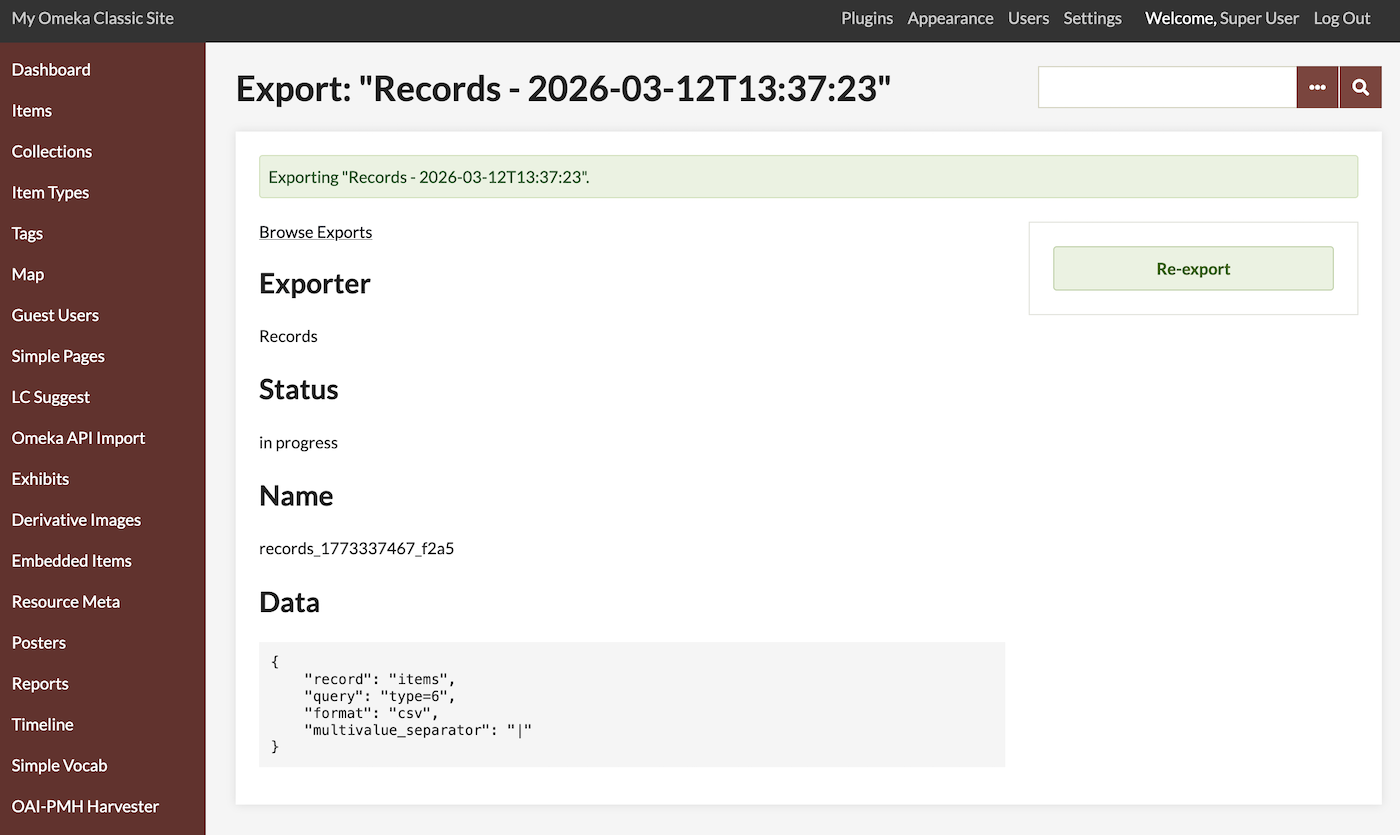 A page titled "Export: Records ..." (the label of the export) with a green bar at the top reading "Exporting ..." and the details of the export below. There is a green button to the right reading "Re-export". The status of the export is "in progress". 
