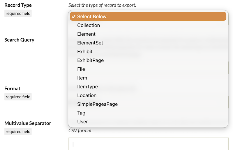 The dropdown list of "Record Types" showing the entries above, as well as some plugin additions - Exhibits, ExhibitPages, SimplePagesPage, and Location.