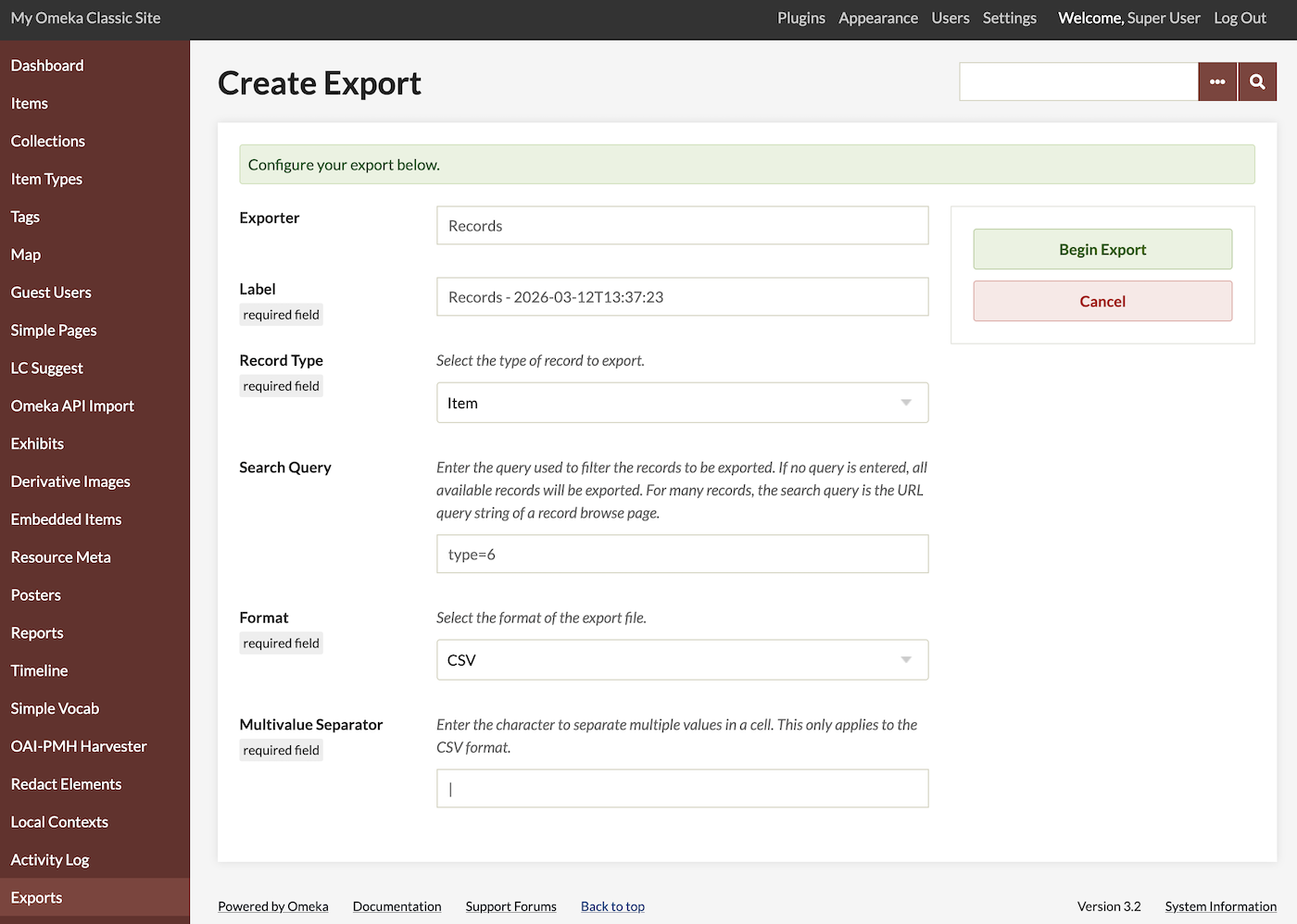 The "Create Export" page now shows fields as described below.