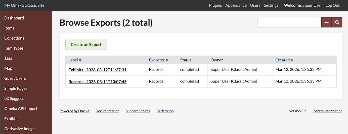 The Exports table with several exports in the list.