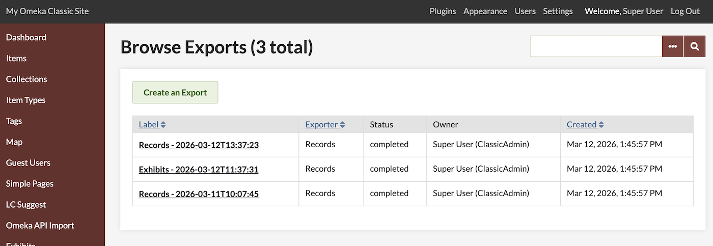 The Exports table now has three entries.
