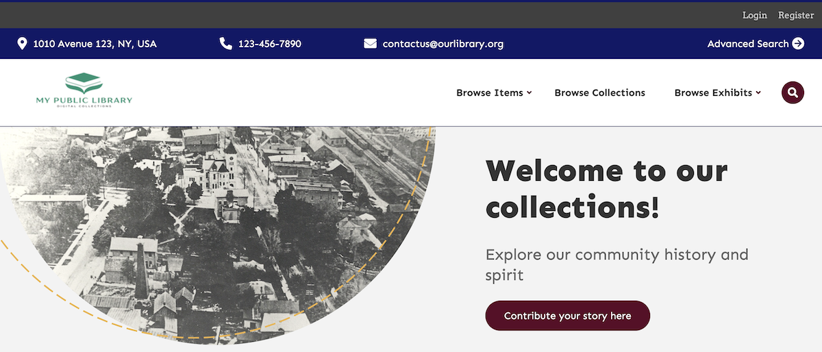 A public Omeka site with the GU bar at the top, with links for "Login" and "Register".