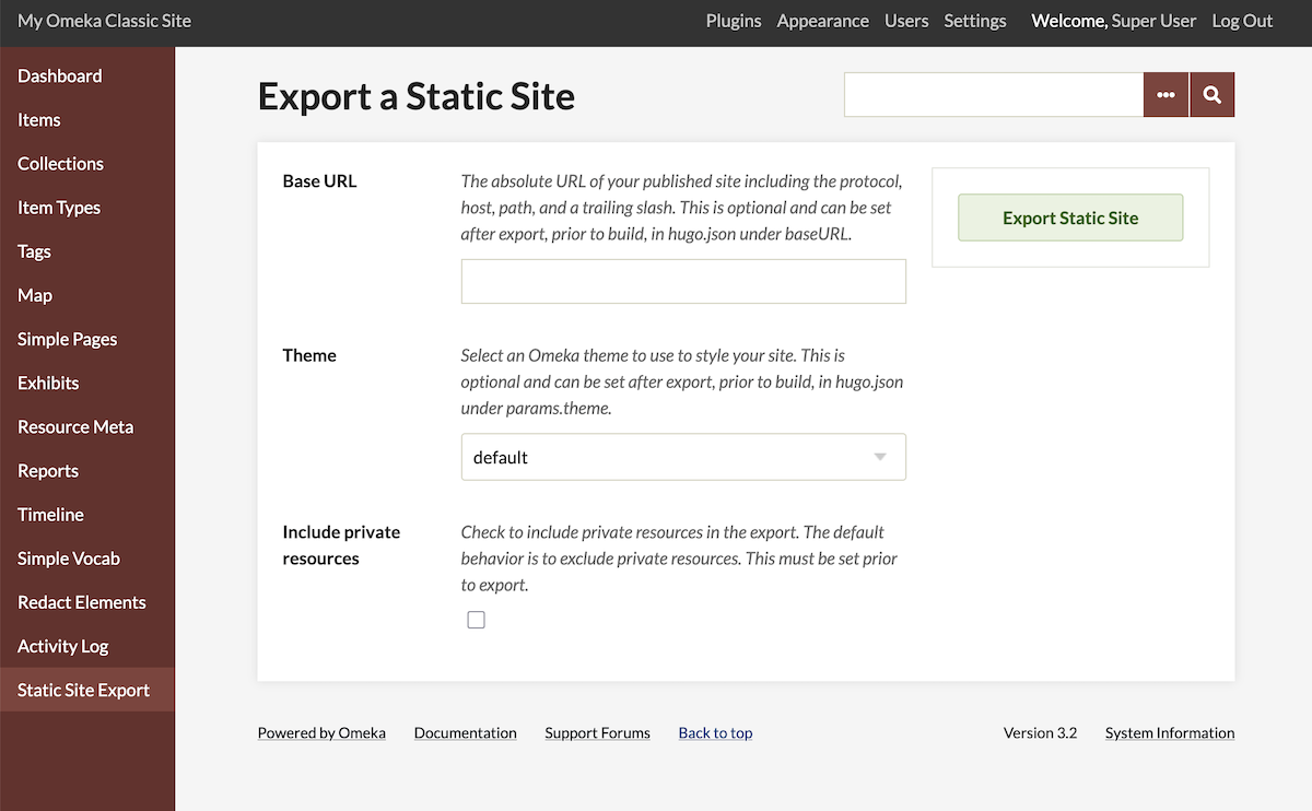 The plugin Export page showing three options, as described above, and an "Export" button.