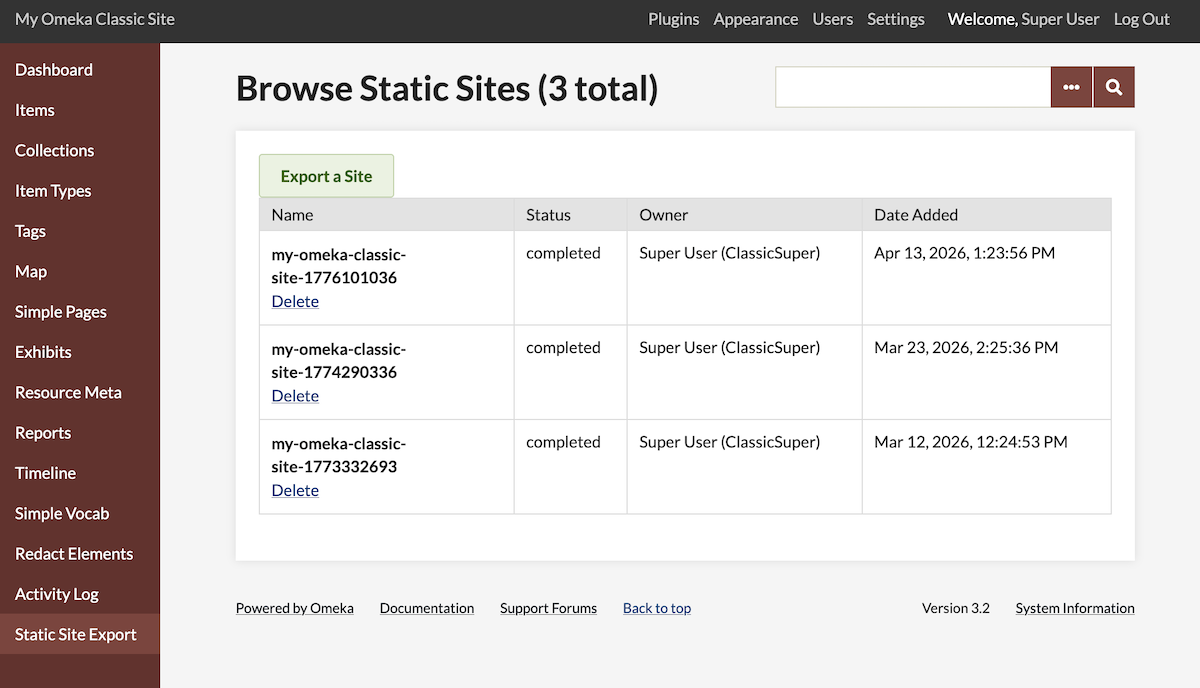 A table of past exports in the administrative dashboard.