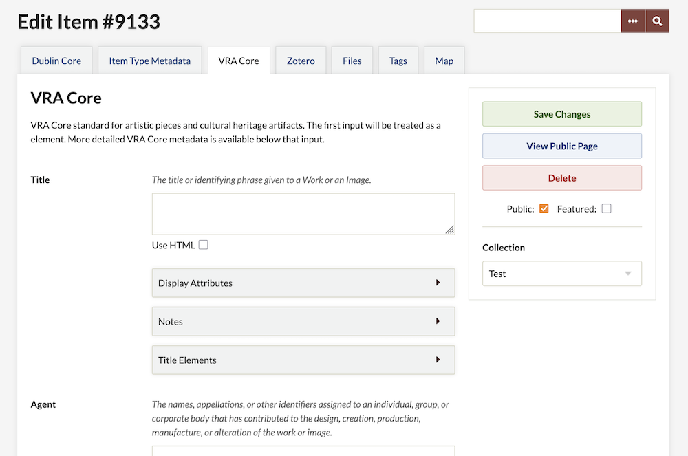 Edit item with VRA Core tab highlighted